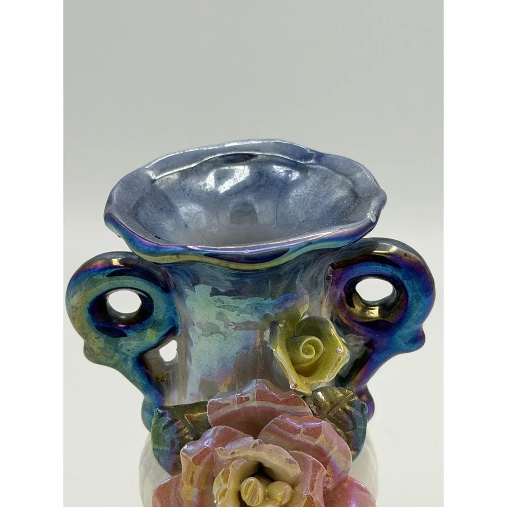 Vintage Lustreware Mini Vase Applied Pink Rose Floral Double Handle Iridescent